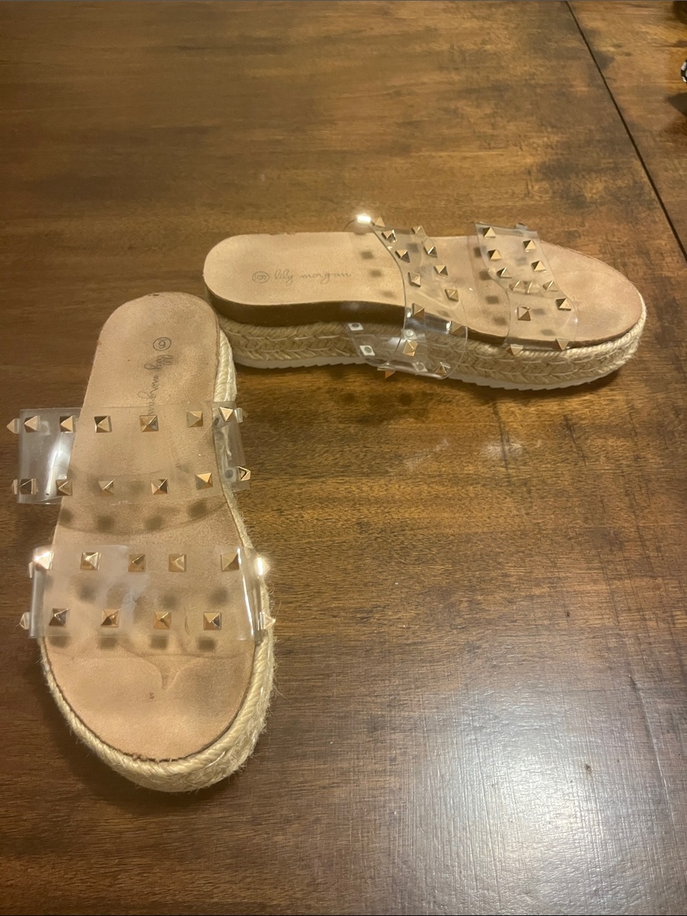 Clear Rose Gold Studded Espadrille Jute Platform Slide - Nude